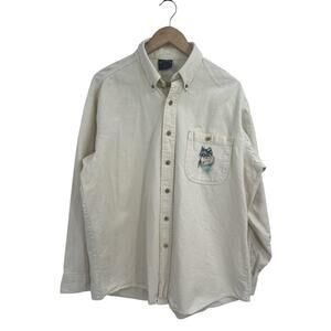 Three Rivers Ivory Rustic Button Down Shirt Wolf Print L Vintage 90s USA Made